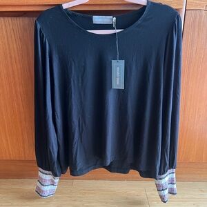 Black Women's Top with Plaid Cuffs